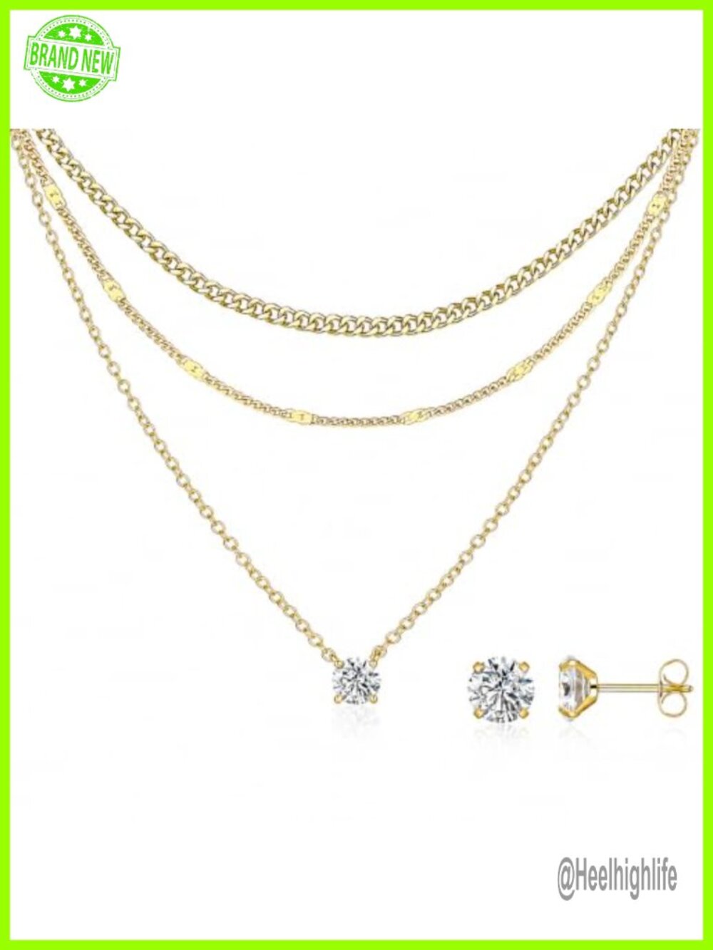 14K Gold Plated Layered Necklace & CZ Stud Earrings Set 4-Piece